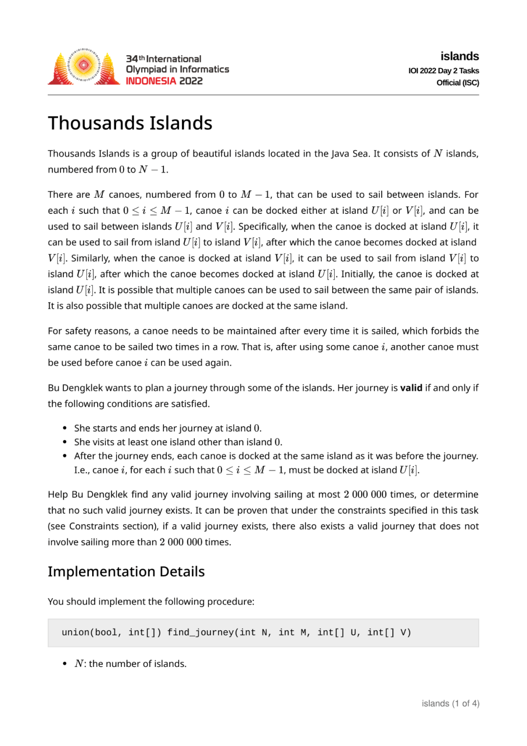 第 34 届国际信息学奥林匹克竞赛（IOI 2022）二试赛题