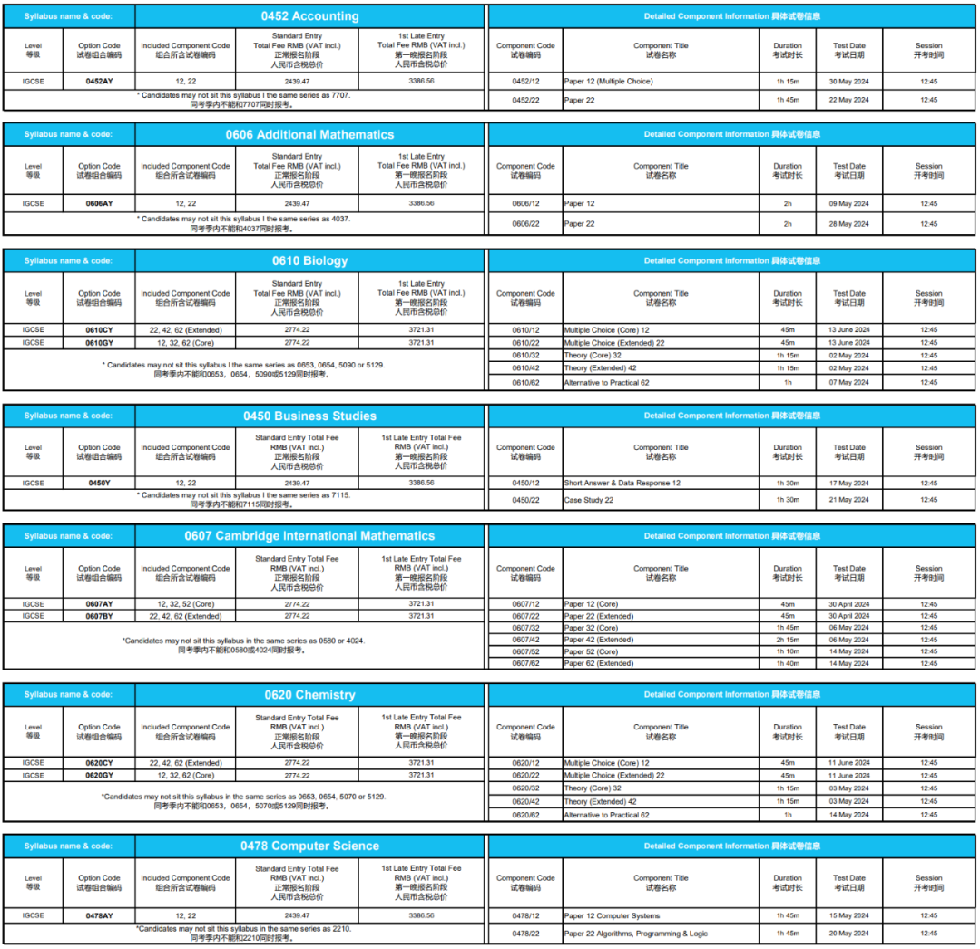 CAIE剑桥考试局2024年5月考试季报名须知＆常见问题（内附考试科目信息表）