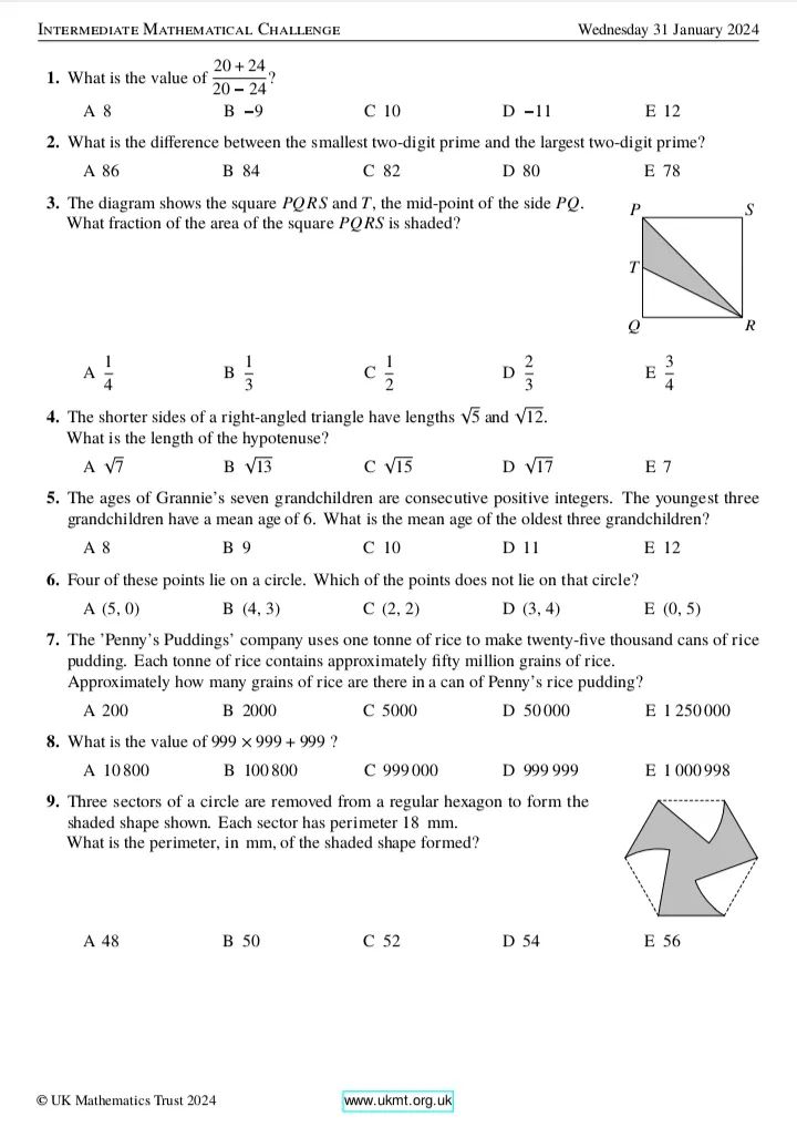 2024年英国中级数学挑战赛真题和答案