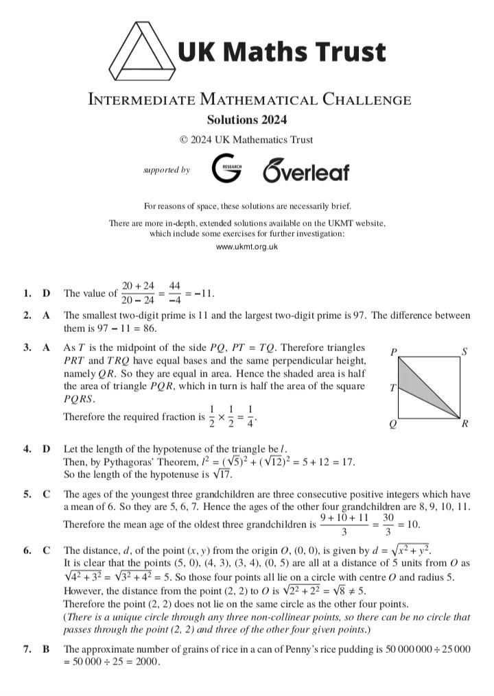 2024年英国中级数学挑战赛真题和答案