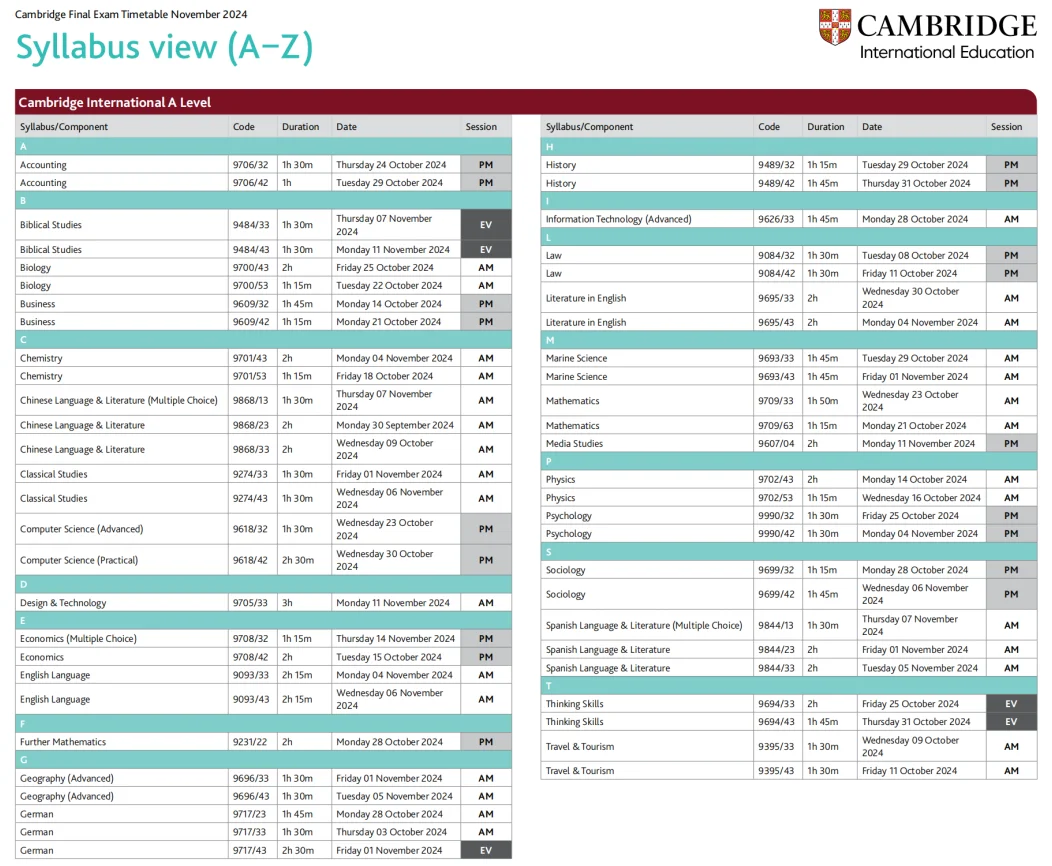 2024年A-Level秋季大考考试时间最全整理！